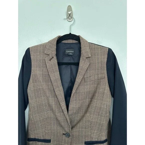 Club Monaco Glen Plaid Mixed Media Blazer Brown Black Workwear Women's 0 NEW